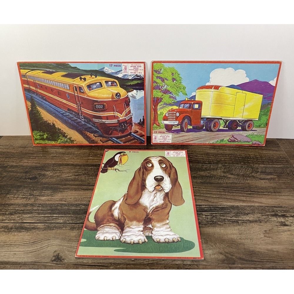 Lot Of 2 Milton Bradley Frame Tray Puzzle Diesel Train Fire Truck Bassett Hound